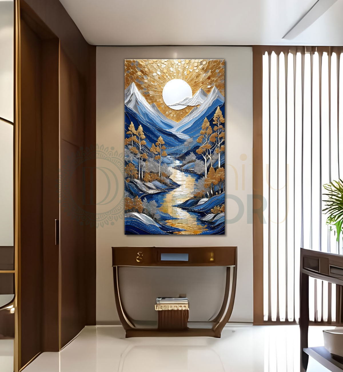 Blue mountains with golden trees and white moon textured nature art  Canvas Painting - Nature Art -V-1