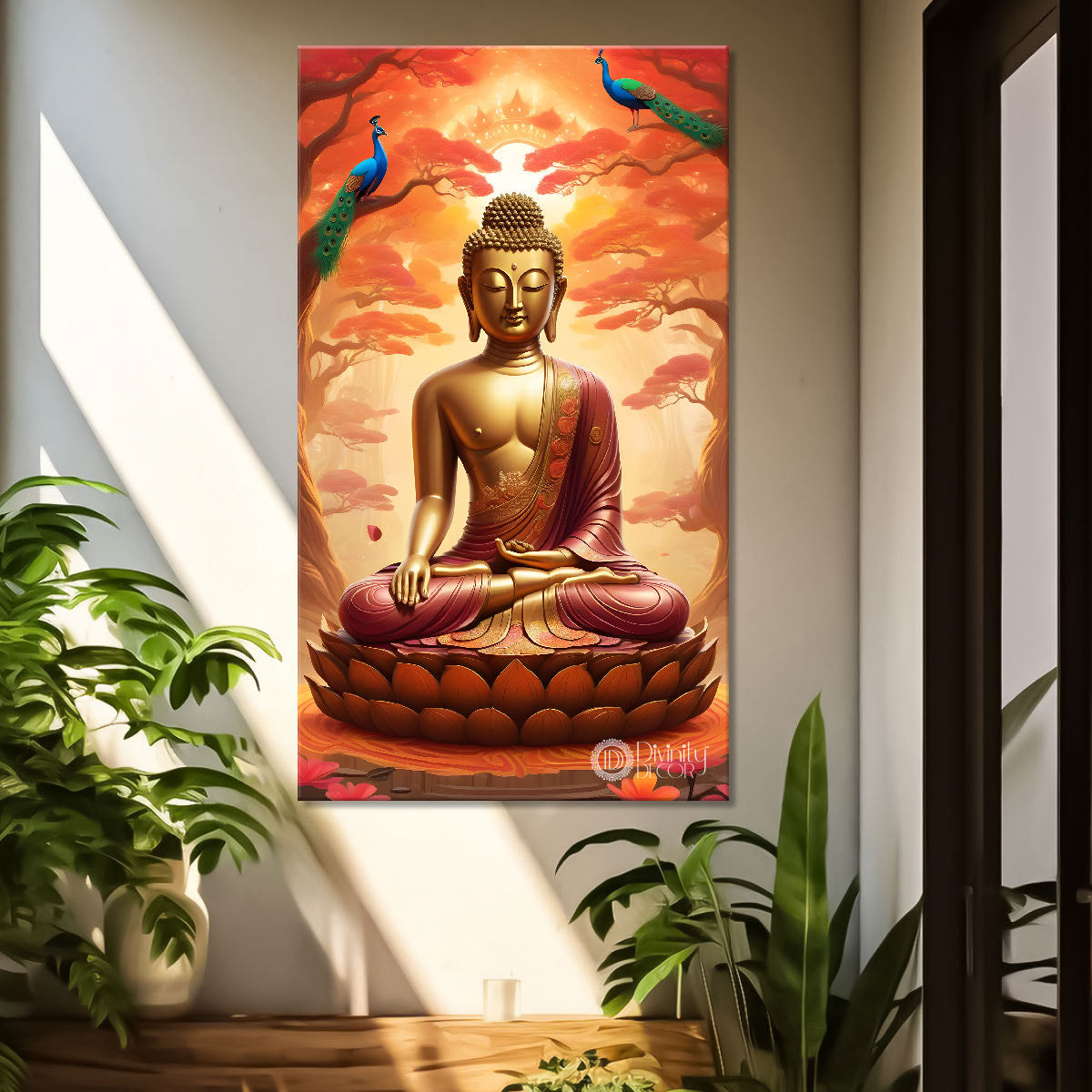 Golden buddha sitting on lotus with trees,peacock and orange background textured painting Canvas Wall Painting - Buddha-V-1