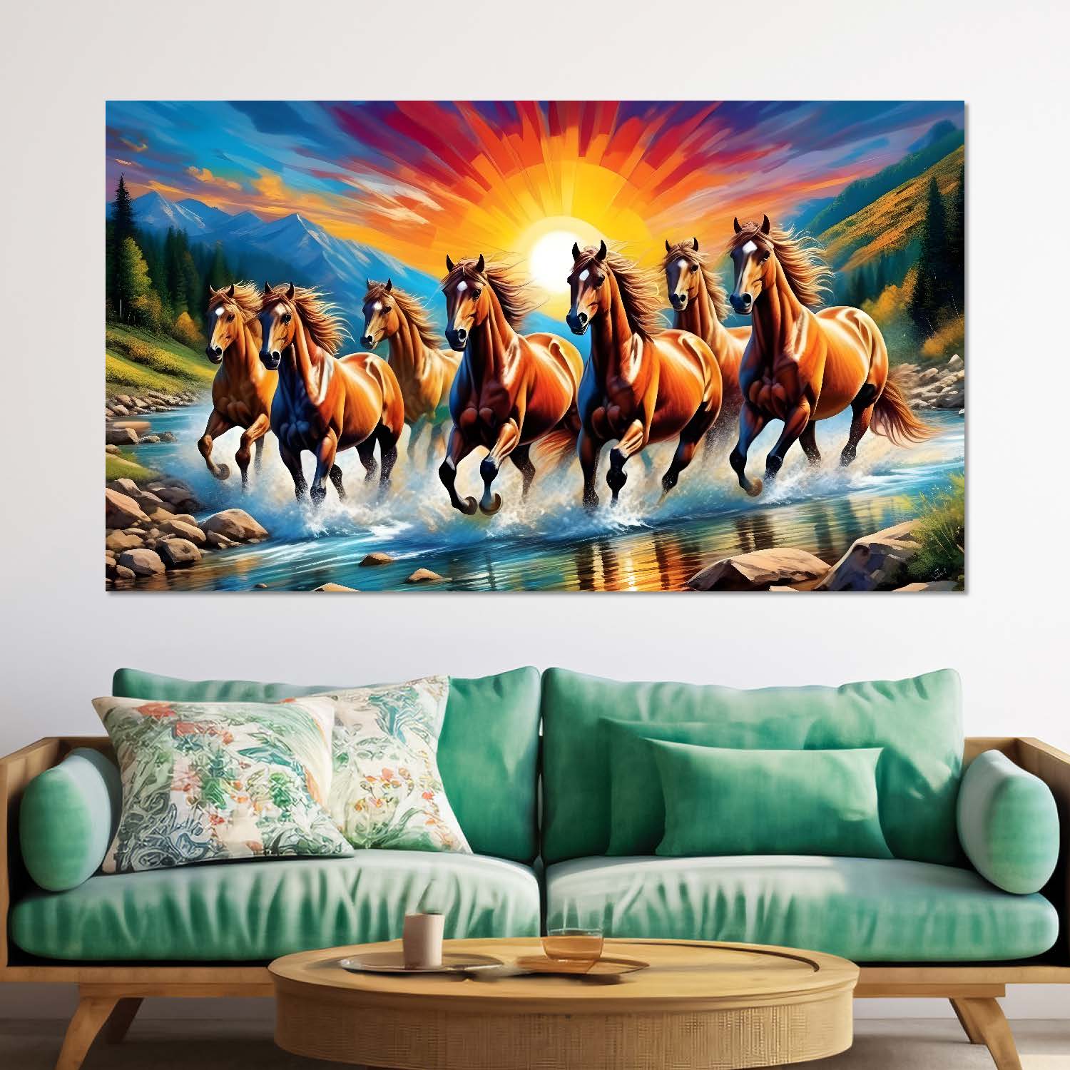 Seven brown horses running with sunrise textured background art Canvas Painting - Design - Horse-1