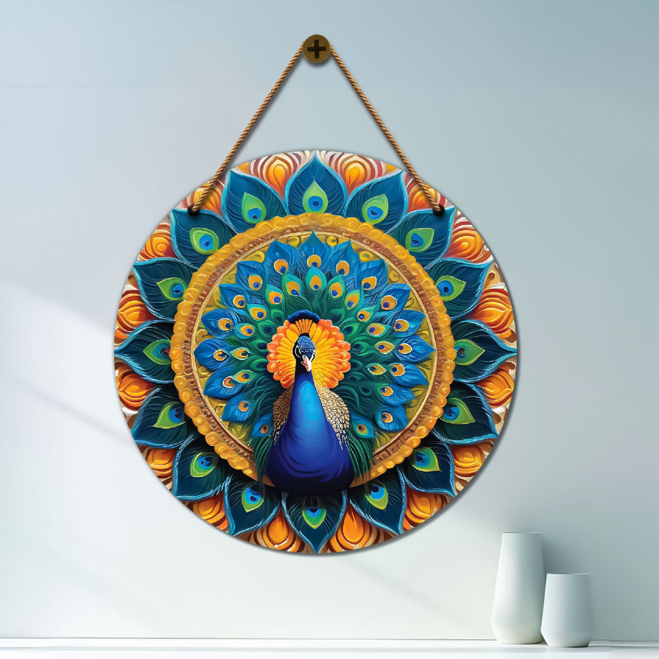 Peacock in green and golden mandala Round Wooden Wall Hanging for wall Décor - Design - 01