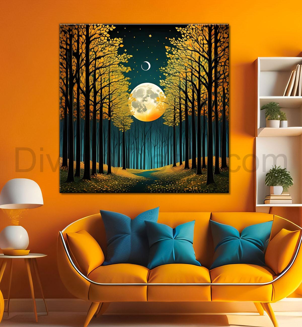 Golden tree with moon in dark green background natural art Canvas Painting 24X24 - Nature Art -S-1