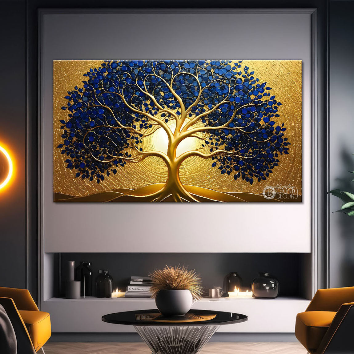 Dark blue leaf tree with golden background textured modern art Canvas Painting - Design - Tree-1