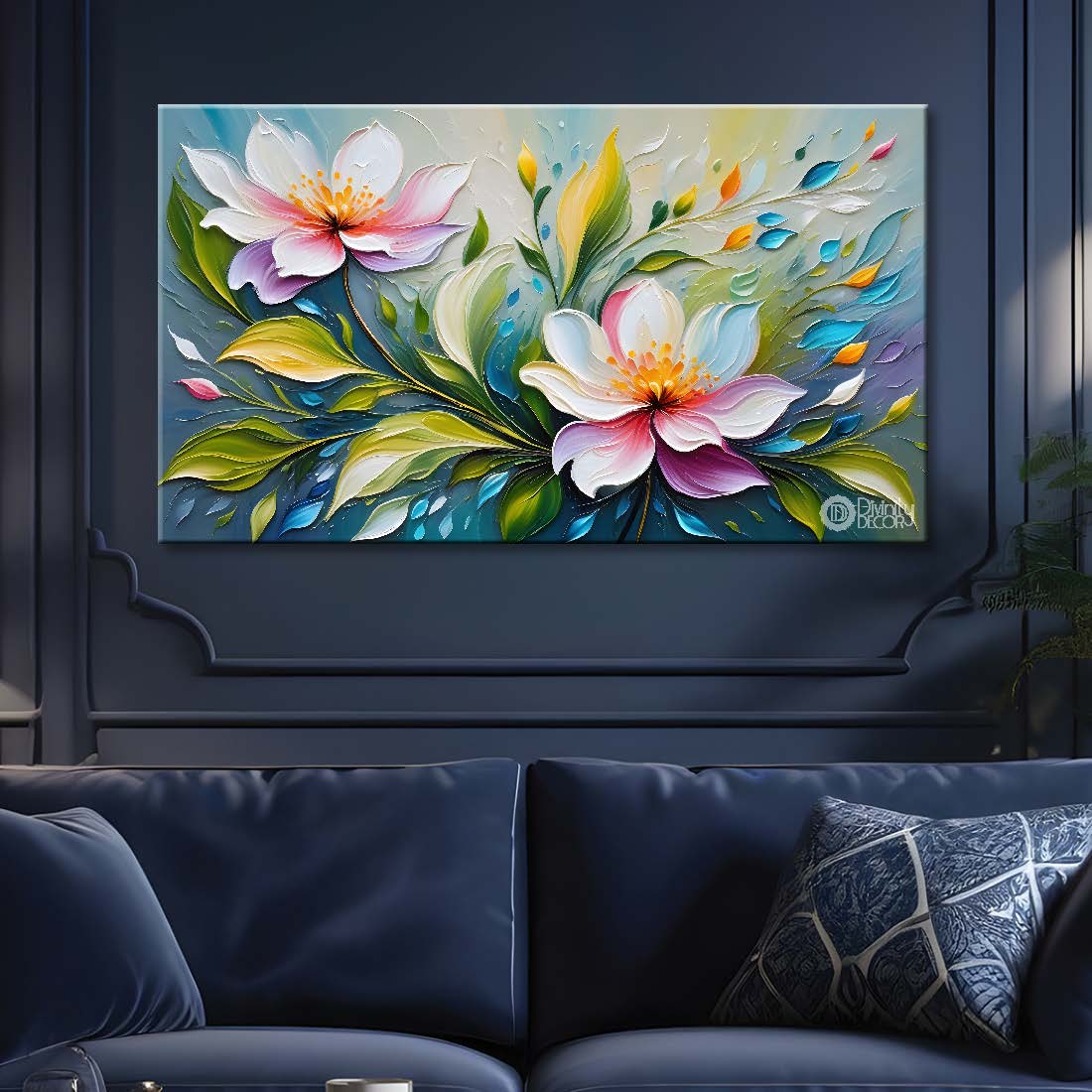 White flowers with green leaves textured painting - Design - Flower-1