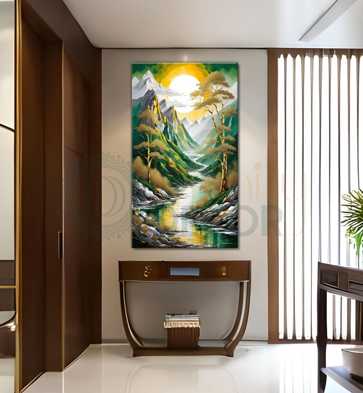 Green mountains with golden treesand white moon textured nature art Canvas Painting - Nature Art -V-2