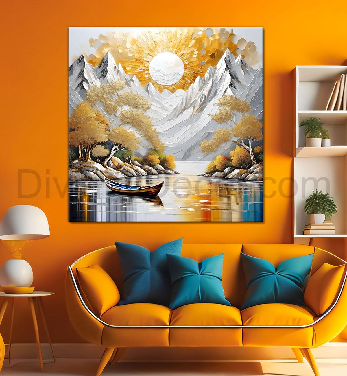 Golden tree with white mountains and sun natureal art Canvas Painting 24X24 - Nature Art -S-2