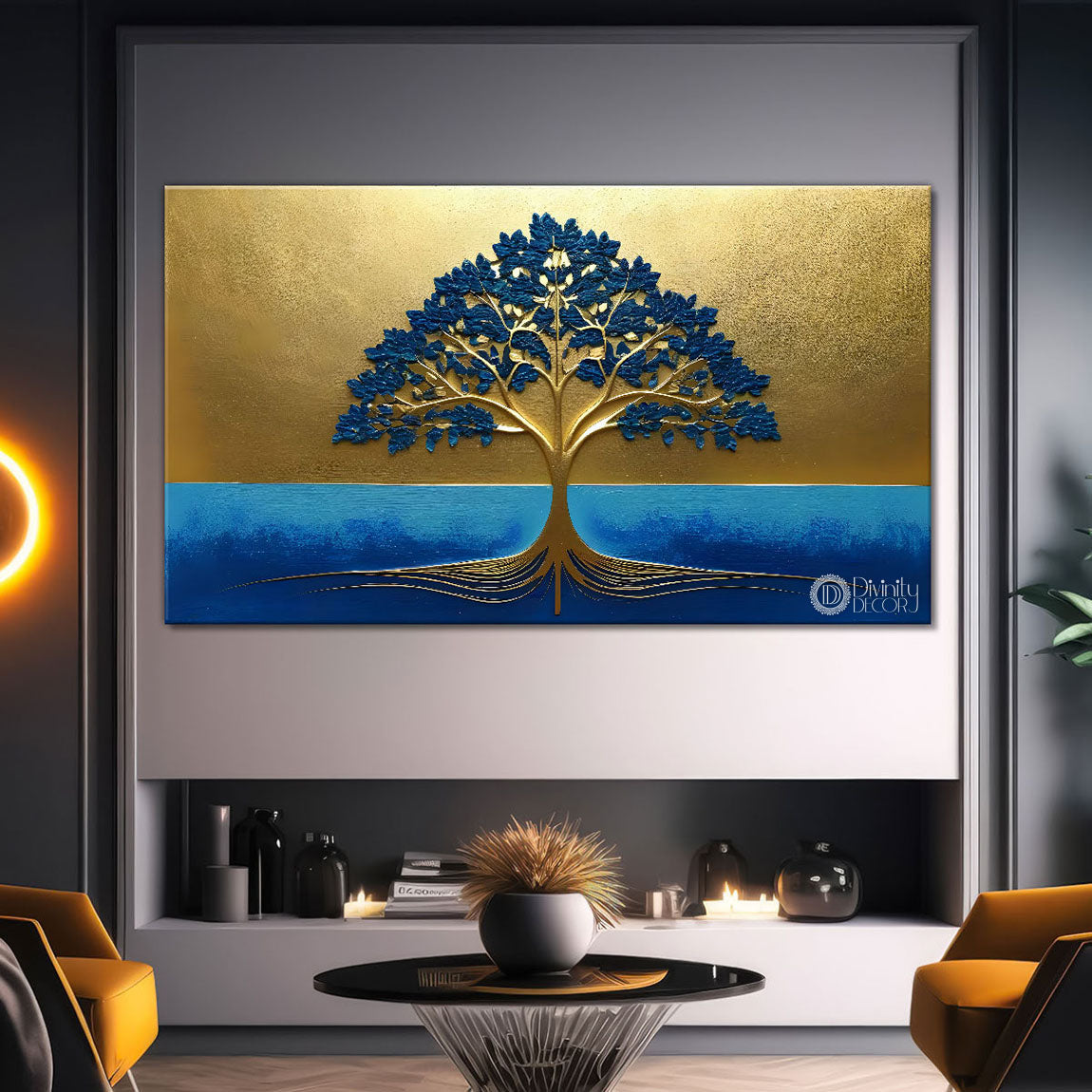 Tree in golden and blue textured modern art Canvas Painting - Design - Tree-2