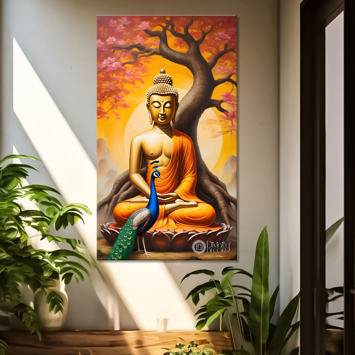 Golden buddha sitting on lotus with trees,peacock and orange background textured painting - Buddha-V-2
