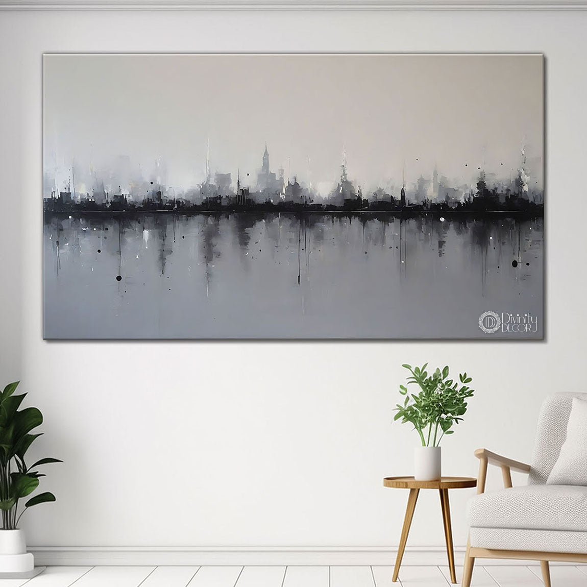 City in grey textured water color painting Canvas Painting - Nature Art - 2