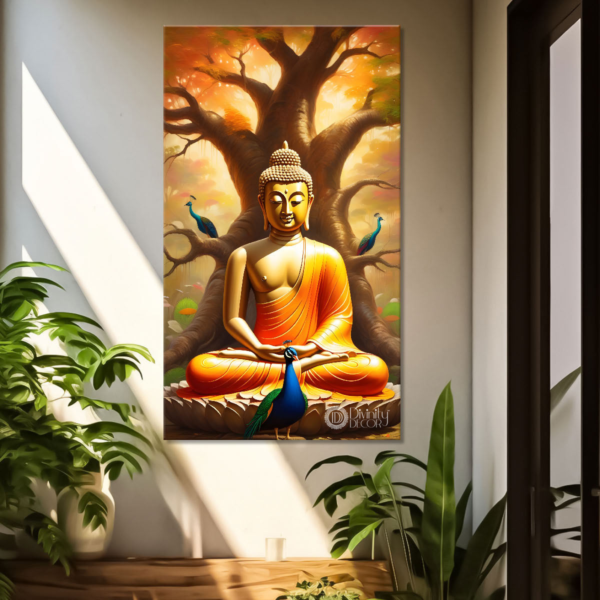 Golden buddha sitting on lotus with trees,peacock and orange background textured painting - Buddha-V-3
