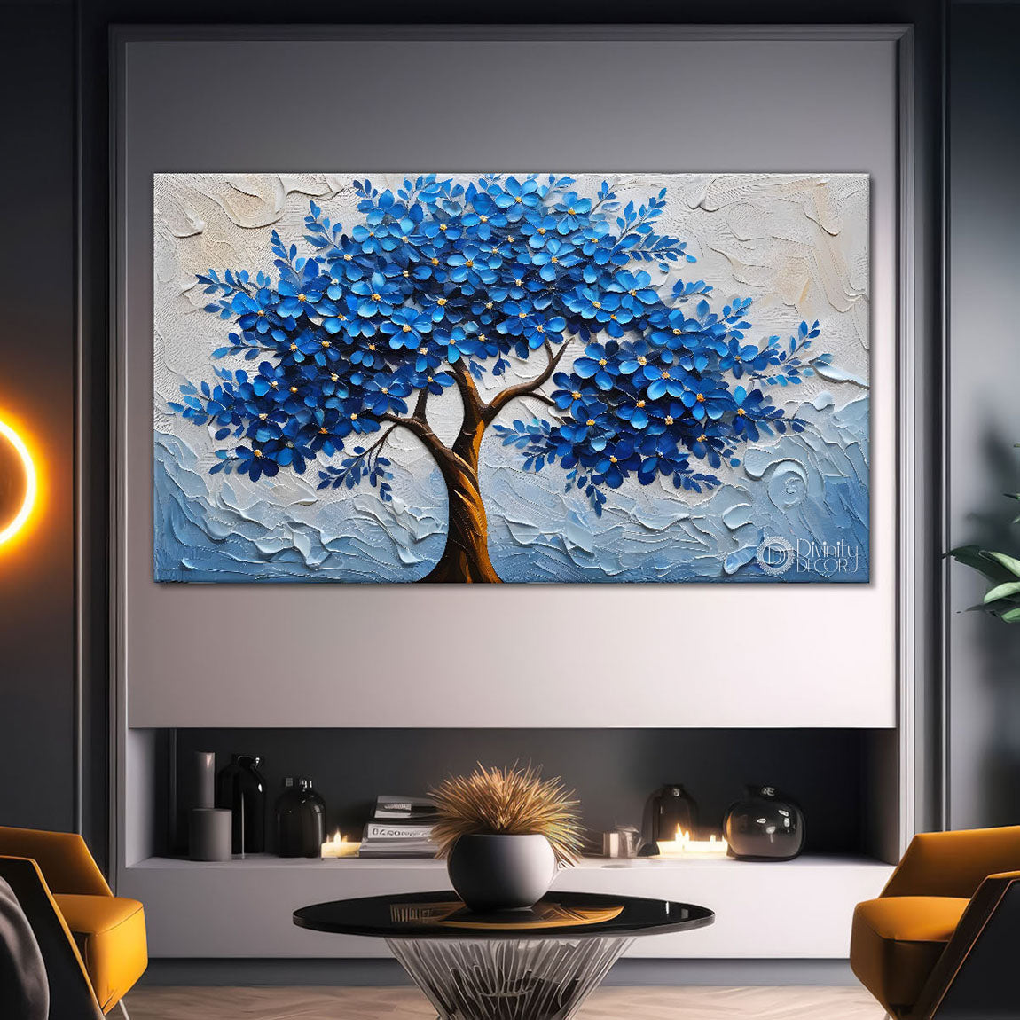 Blue tree with light background textured modern art Canvas Painting - Design - Tree-3