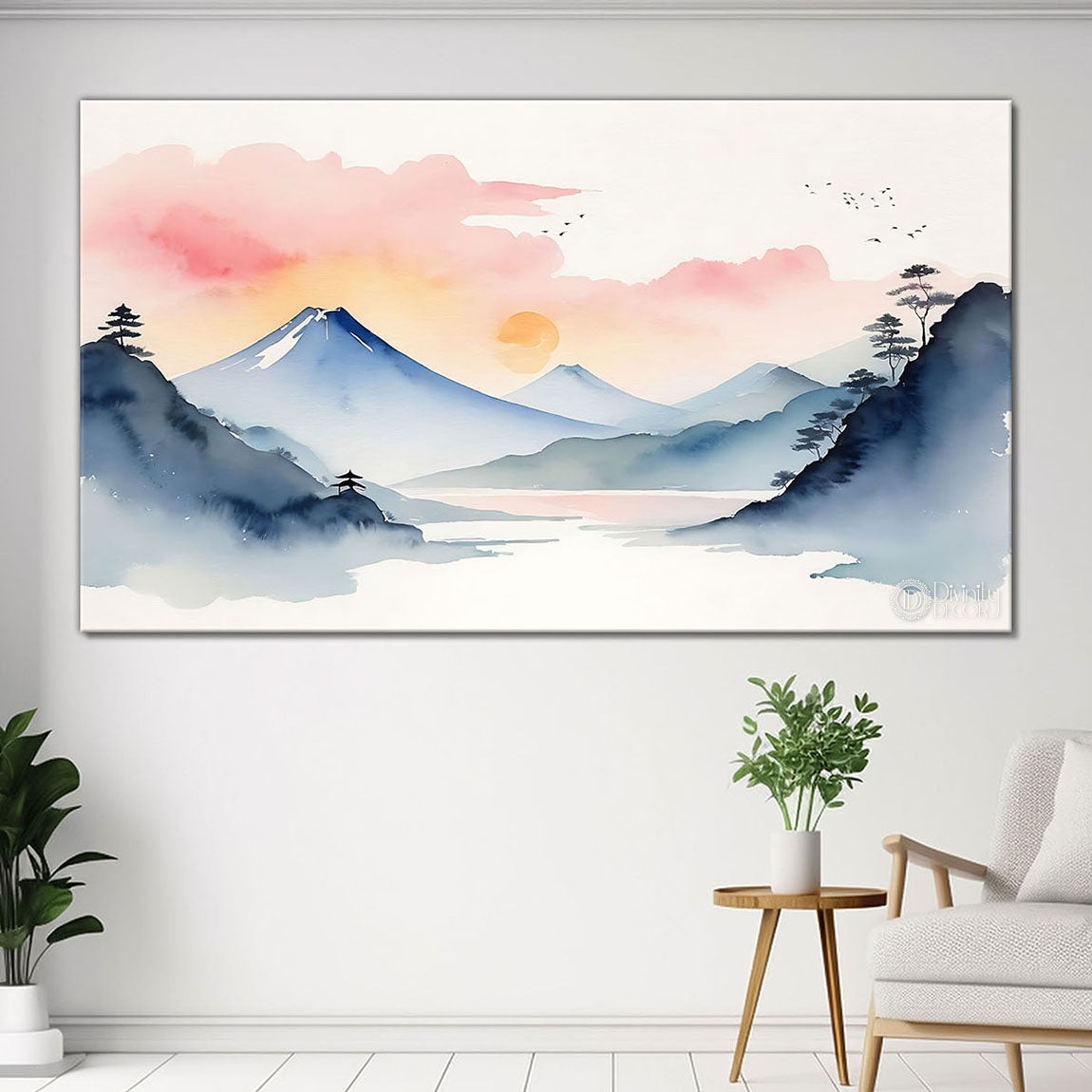 Mountains with lake and clouds in pink sky textured water color painting Canvas Painting - Nature Art - 3