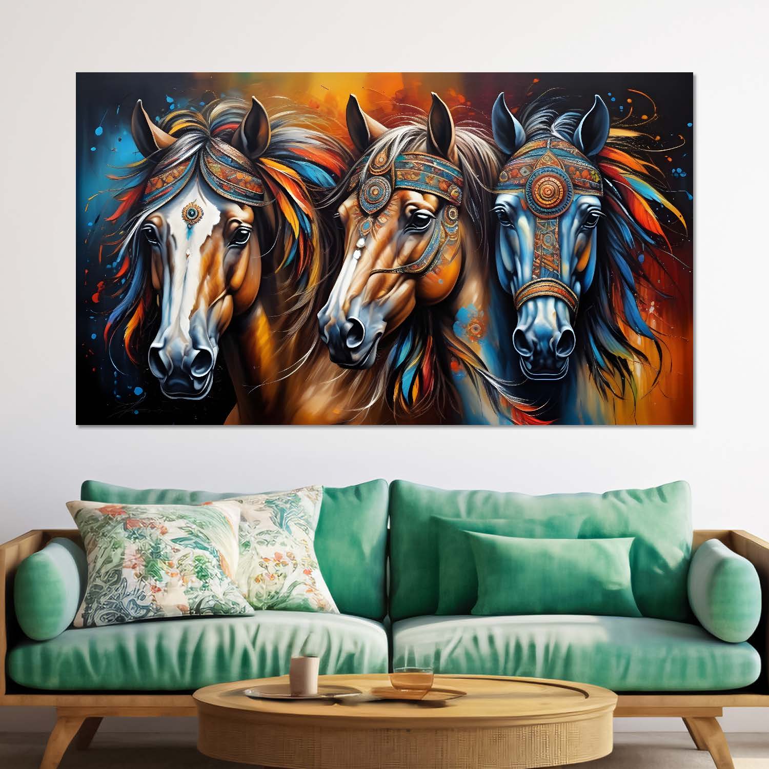 Three brown horses with colorful textured background art Canvas Painting - Design - Horse- 3