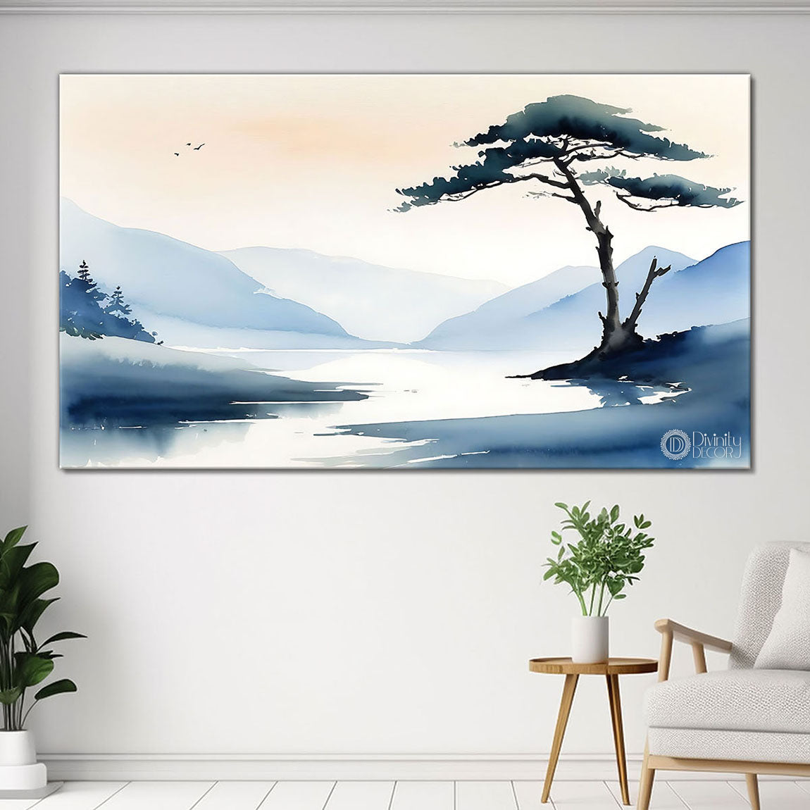 Mountains with lake and tree in textured water color painting Canvas Painting - Nature Art - 4
