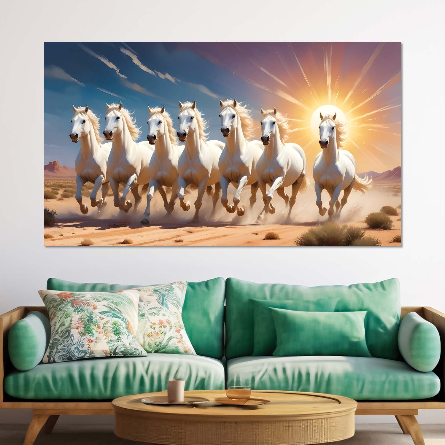 Seven white horses running with sunrise textured background art Canvas Painting - Design - Horse- 4