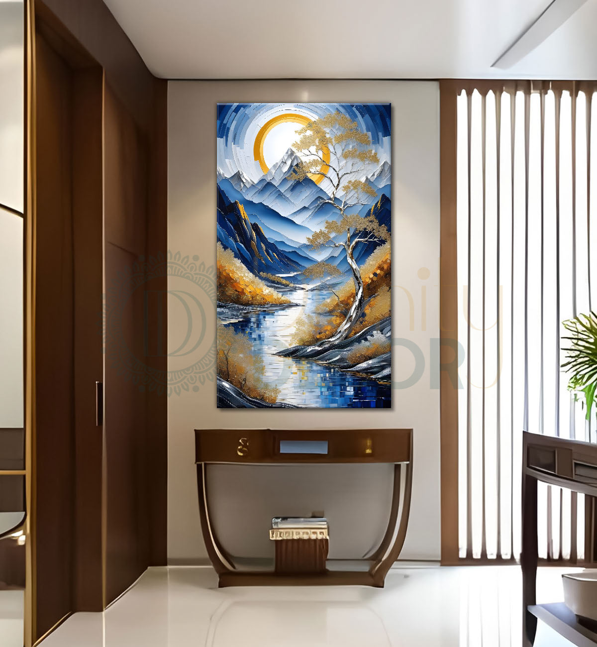 Blue mountains with golden trees and white moon textured nature art Canvas Painting - Nature Art -V-4