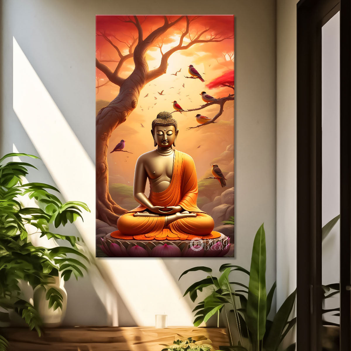 Golden buddha sitting on lotus with trees,peacock and orange background textured painting - Buddha-V-4