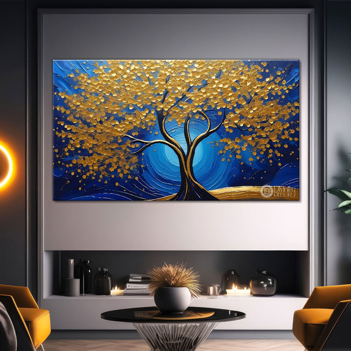 Golden tree in blue background textured modern art Canvas Painting - Design - Tree-4
