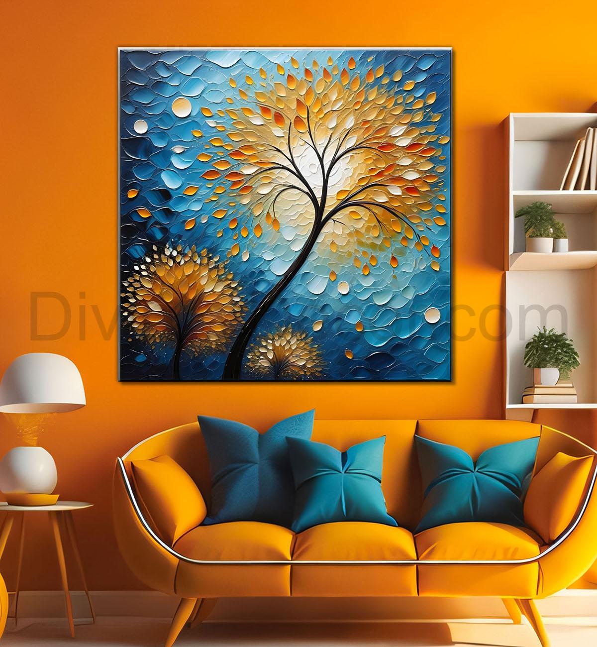 Golden tree with moon in dark green background natural art Canvas Painting 24X24- Nature Art -S-4