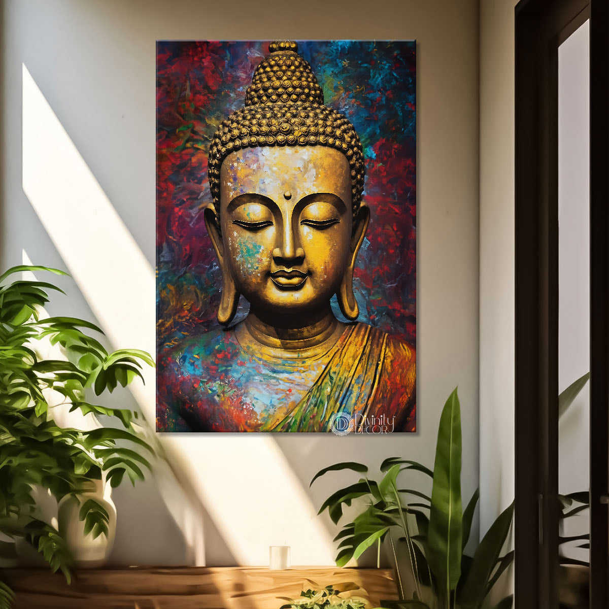 Golden buddha face with colourful background textured painting - Buddha-V-5