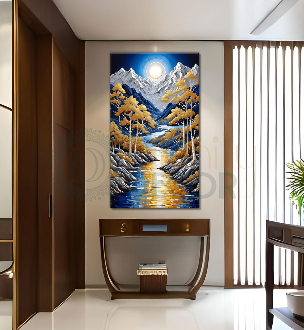 Blue mountains with golden trees and white moon textured natural art  Canvas Painting - Nature Art -V-5