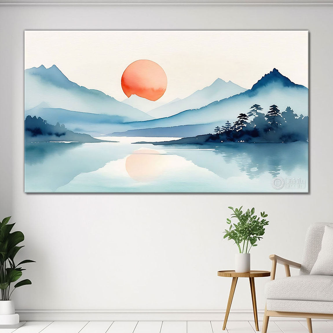 Mountains with sunrise and lake in textured water color painting Canvas Painting - Nature Art - 5