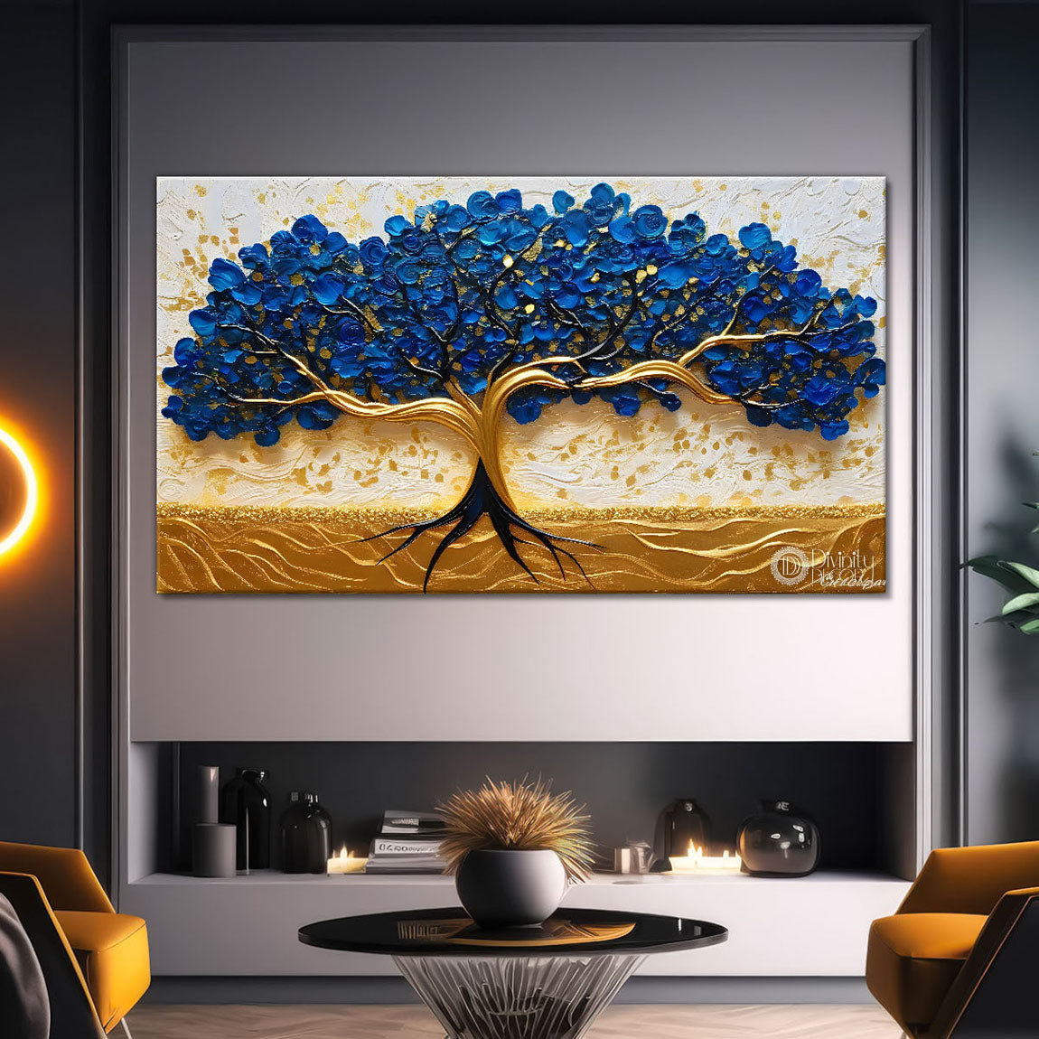 Blue tree with golden and white background textured modern art Canvas Painting - Design - Tree-5
