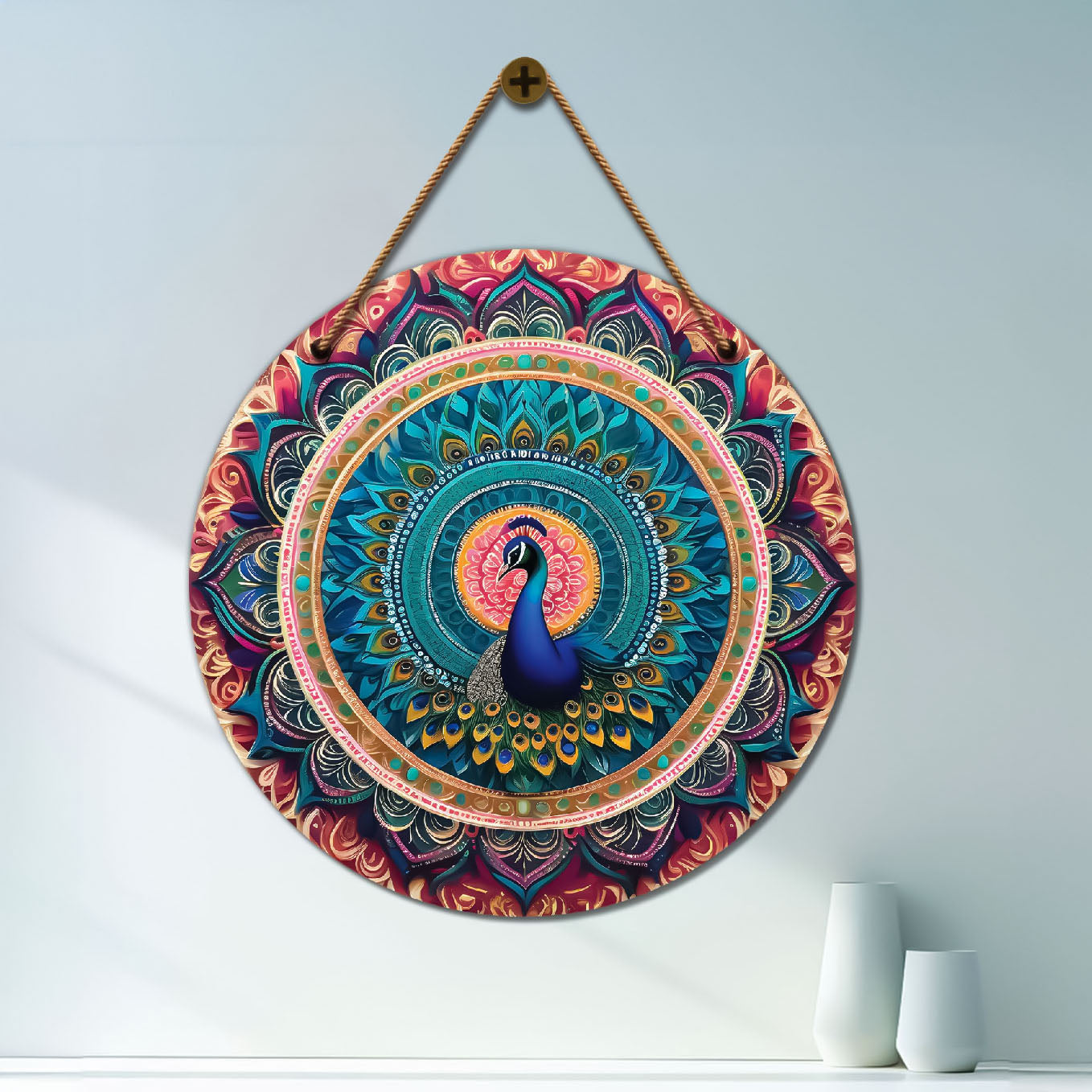 Peacock in green and pink mandala Round Wooden Wall Hanging for wall Décor - Design - 05