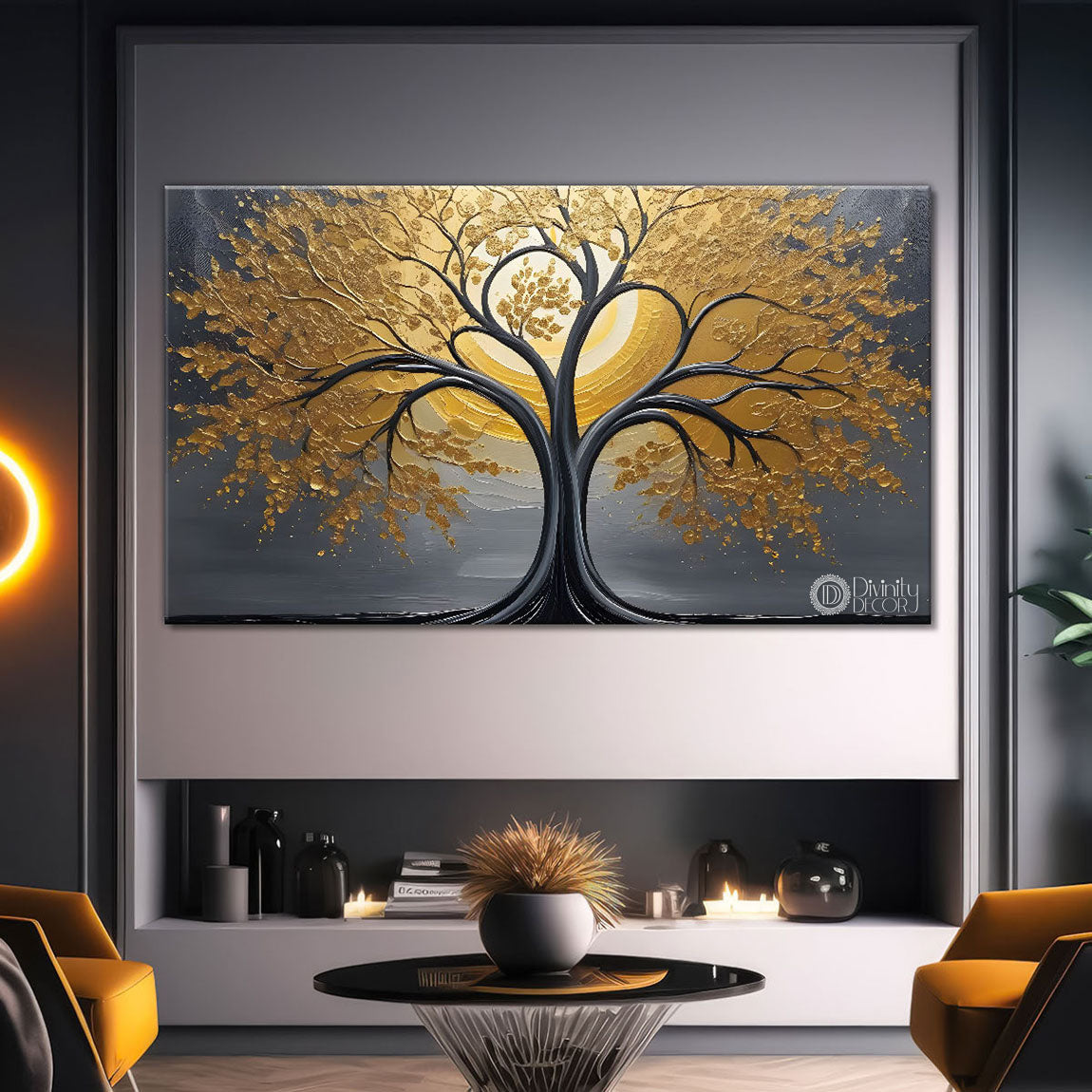 Golden tree in grey background textured modern art Canvas Painting - Design - Tree-6