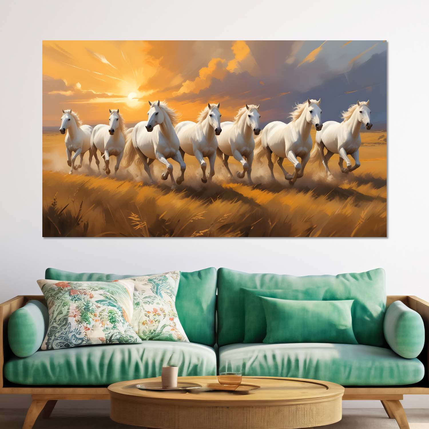 White horses running on field with sunrise textured background art Canvas Painting - Design - Horse- 6