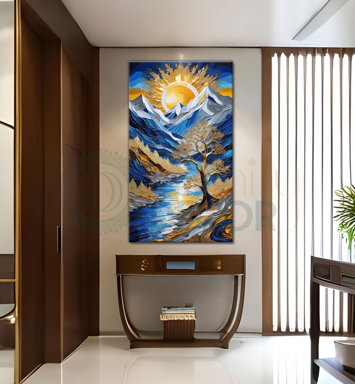 Blue mountains with golden trees and white moon textured natural art Canvas Painting - Nature Art -V-6