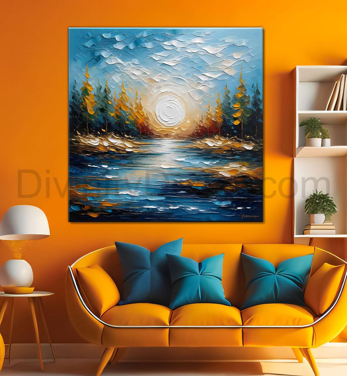 Sun with trees and river in colourful textured painting Canvas Painting 24X24 - Nature Art -S-6