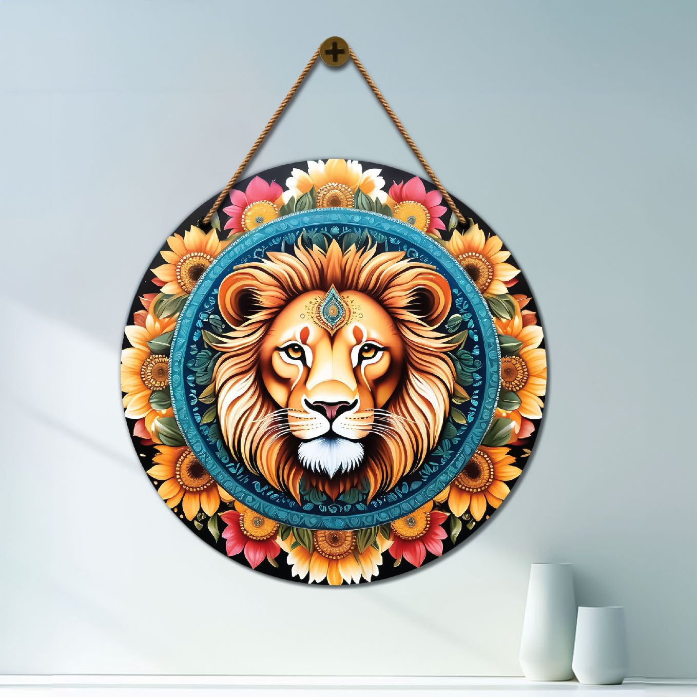 Lion in floral mandala Round Wooden Wall Hanging for wall Décor - Design - 06