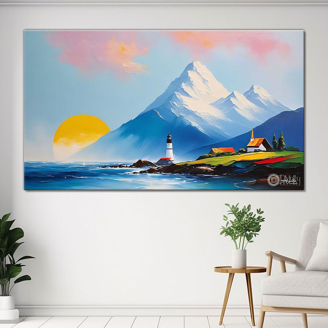 Mountains with sunset , land and sea in textured water color painting Canvas Painting - Nature Art -7