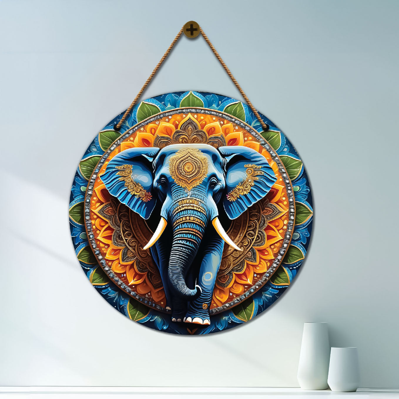 Elephant in orange and blue mandala Round Wooden Wall Hanging for wall Décor - Design - 07