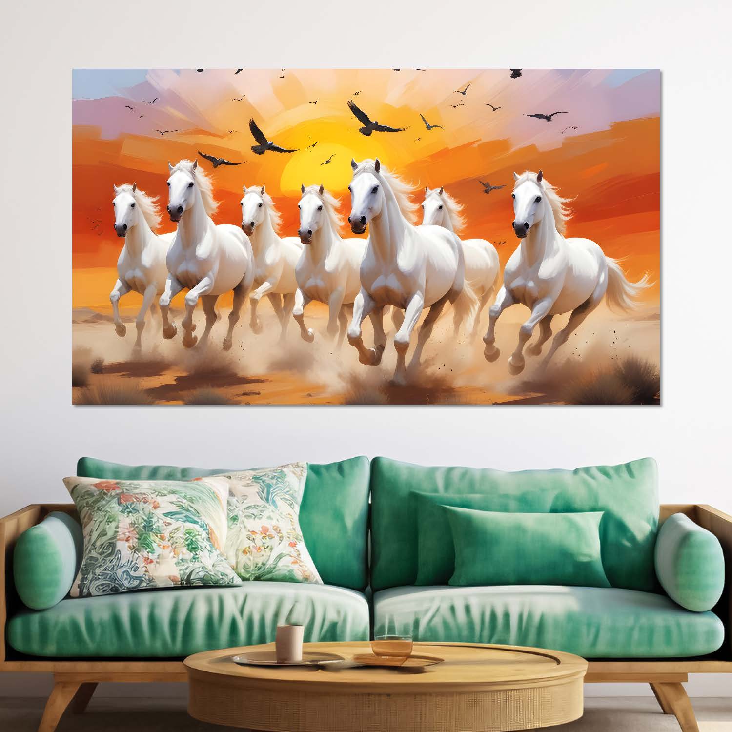 White horses running with flying eagle in sunset textured background art Canvas Painting - Design - Horse-7