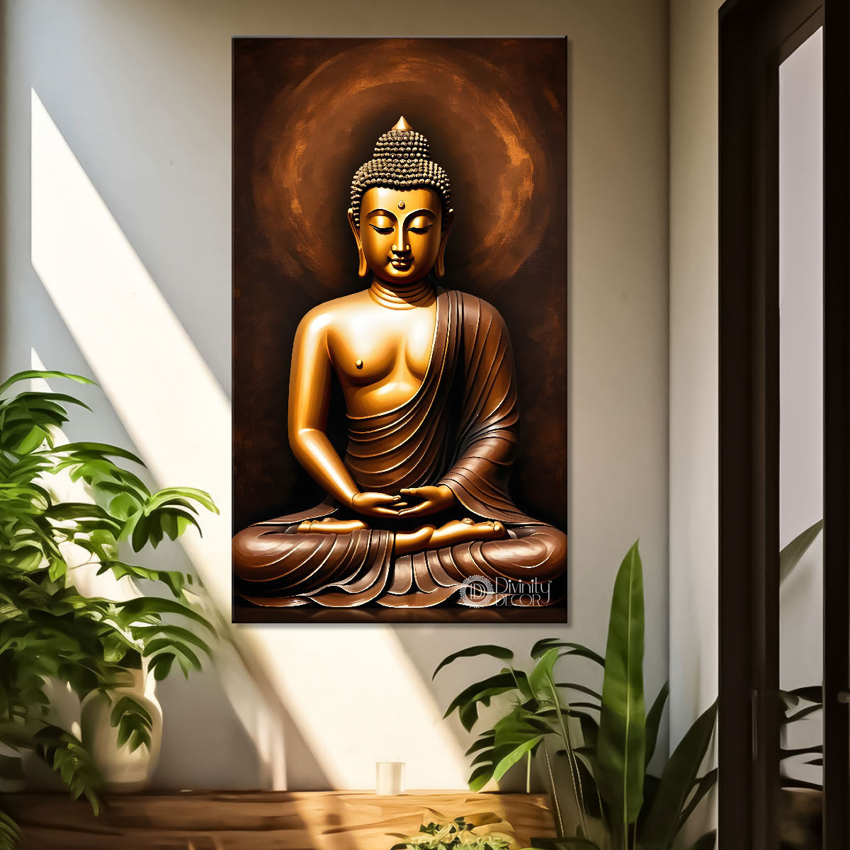 Golden buddha with dark background textured painting - Buddha-V-7