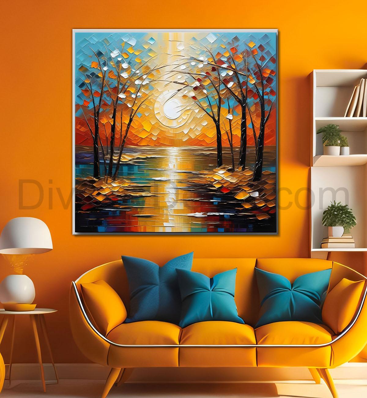 Yellow tree with blue background painting Canvas Painting 24X24 - Nature Art -S-7