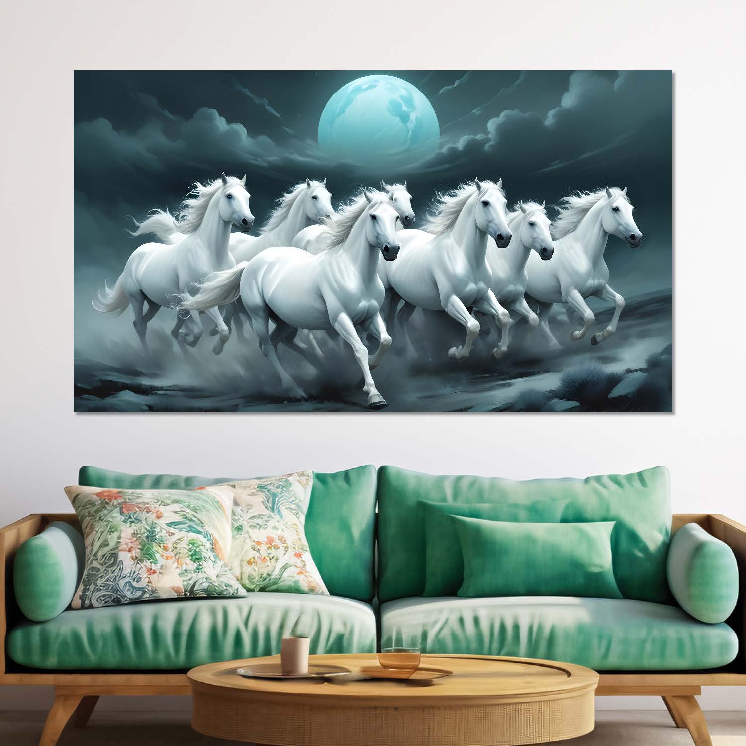 White horses with moon in black textured background art Canvas Painting - Design - Horse-8