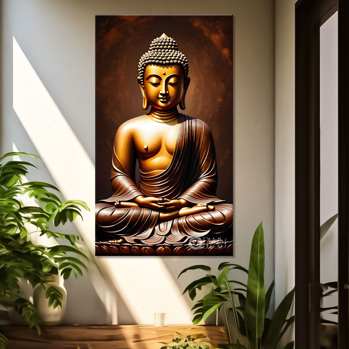 Golden buddha with dark background textured painting - Buddha-V-8