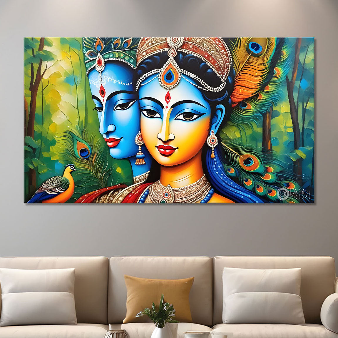 Blue face Krishna and Radha with peacock feather painting Canvas Painting - Design - Krishna-8