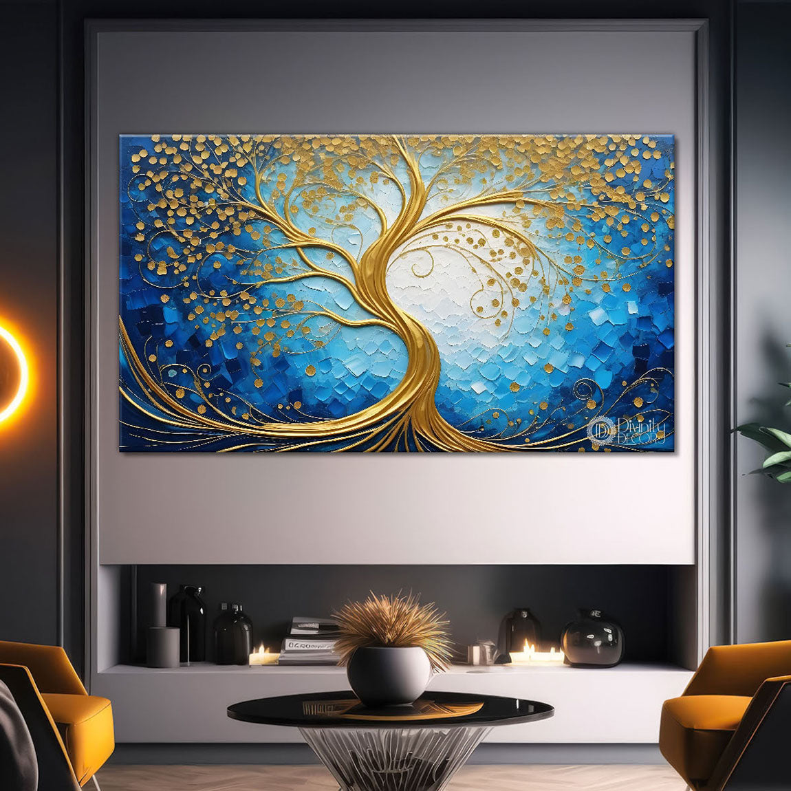 Golden tree with blue textured modern art Canvas Painting - Design - Tree-8