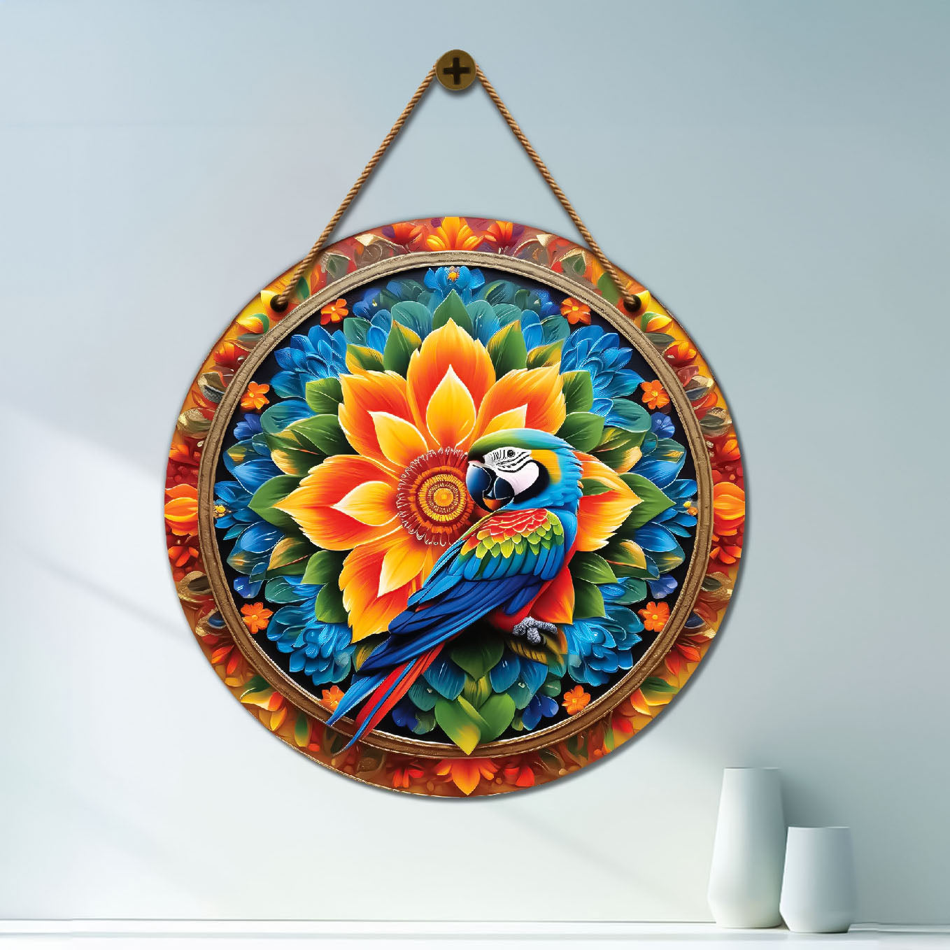 Parrot in colourful mandala Round Wooden Wall Hanging for wall Décor - Design - 08