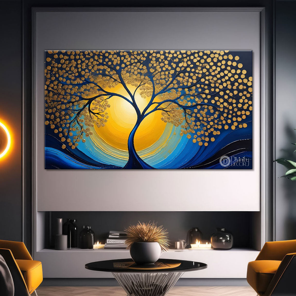 Golden leaf tree with sun in behind textured modern art Canvas Painting - Design - Tree-9