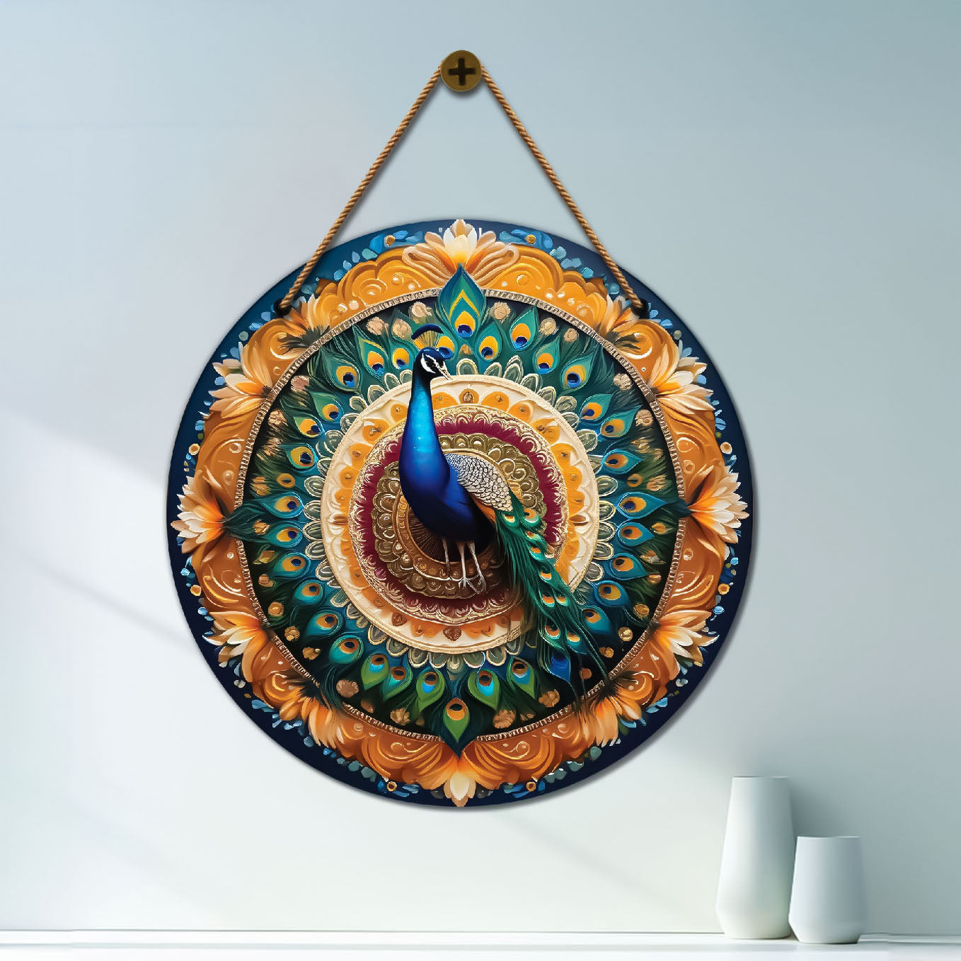 Peacock in orange and blue mandala Round Wooden Wall Hanging for wall Décor - Design - 09