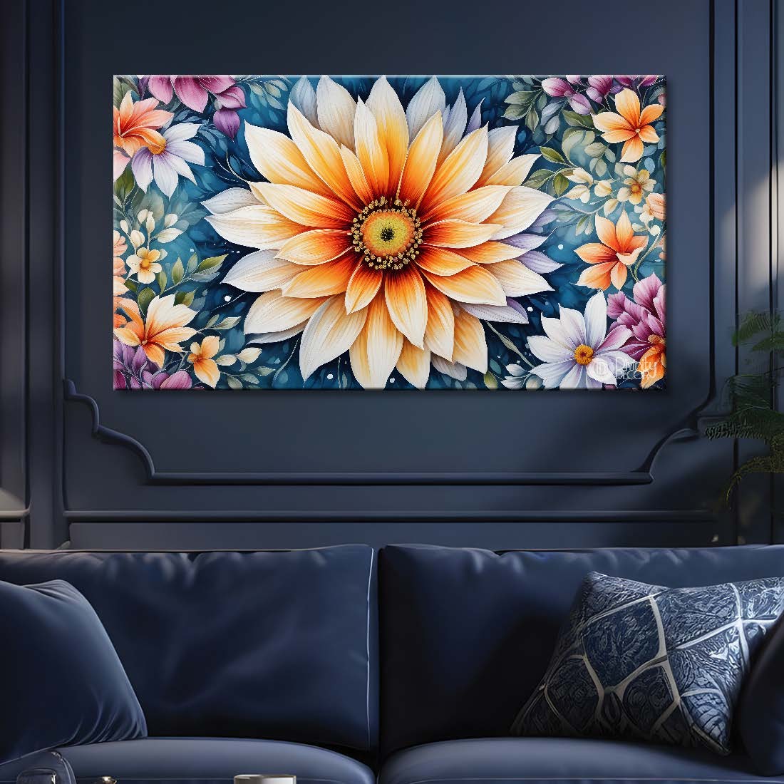 White flowers with blue textured painting - Design - Flower-9