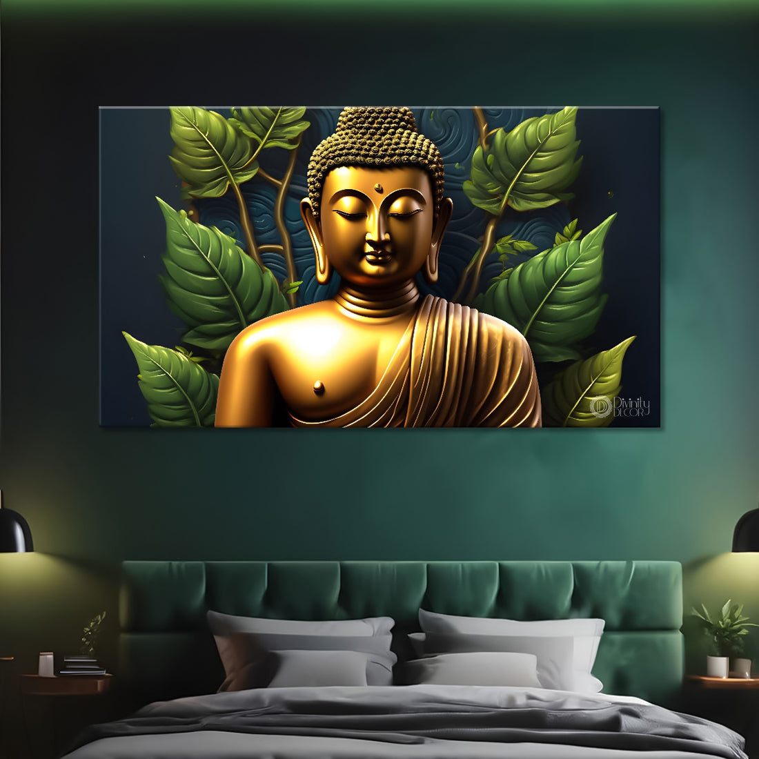 Golden buddha with green background painting Canvas Wall Painting - Buddha-9
