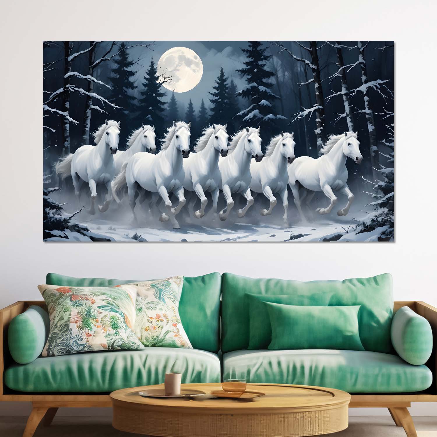 White horses running with moon and trees in black textured background art Canvas Painting - Design - Horse-9