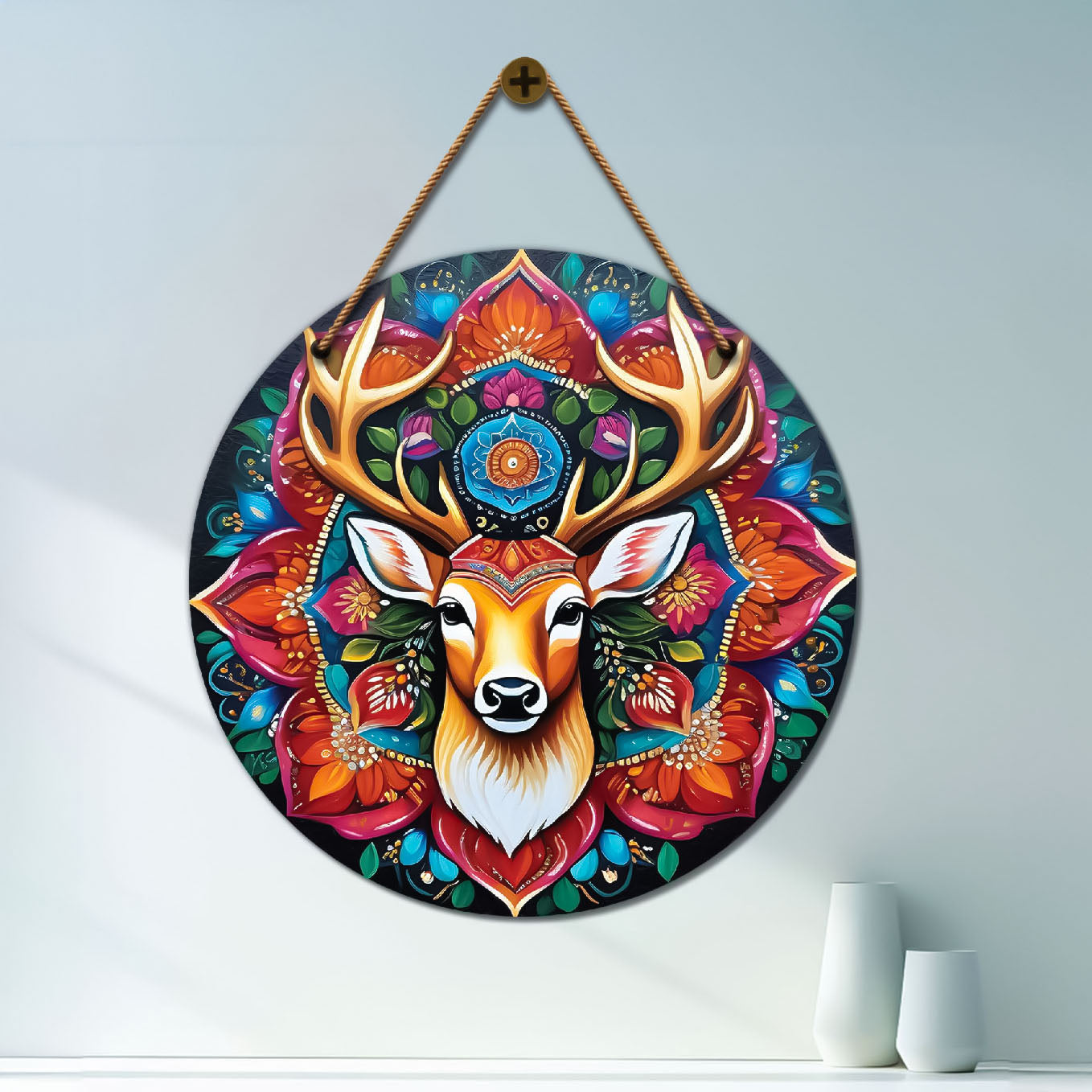 Deer in red and blue mandala Round Wooden Wall Hanging for wall Décor - Design - 10