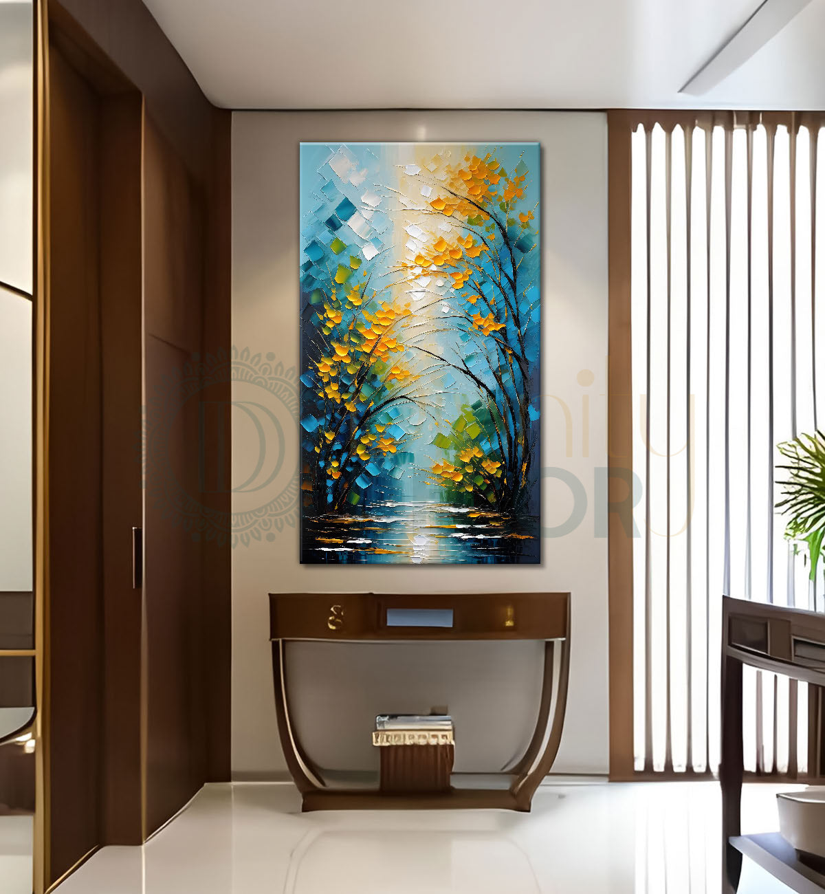 Yellow textured tree with lake in textured natural art Canvas Painting - Nature Art -V-10