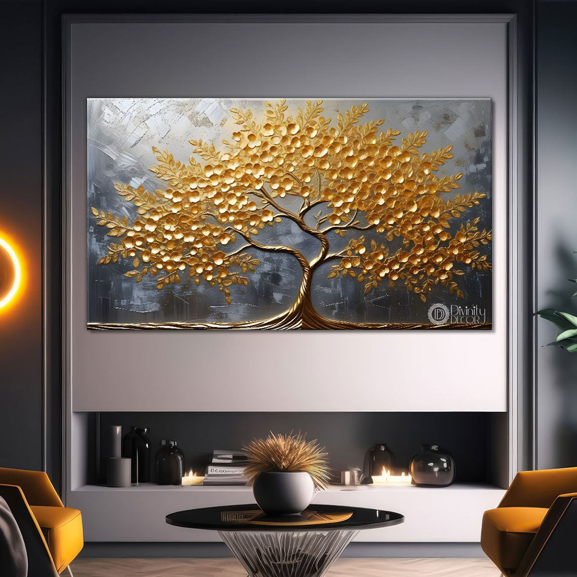Golden tree in grey textured background modern art Canvas Painting - Design - Tree-10